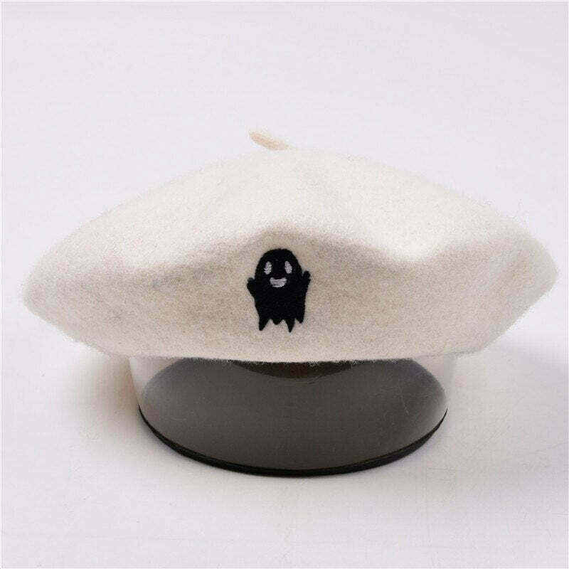 Y2K Grunge Ghost Embroidery Halloween Beret - Retro 90s Fashion, Pastel Goth, Y2K