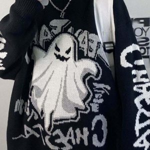 Y2K Grunge Ghost Print Knitted Sweater - Retro 90s Fashion, Summer Y2K Outfits