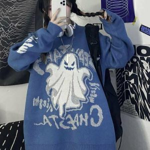 Y2K Grunge Ghost Print Knitted Sweater - Retro 90s Fashion, Summer Y2K Outfits