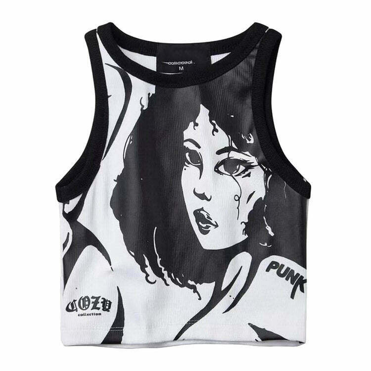 Y2K Grunge Girl Print Aesthetic Ribbed Top - 90s Summer Outfits, Retro Style, Baby Te