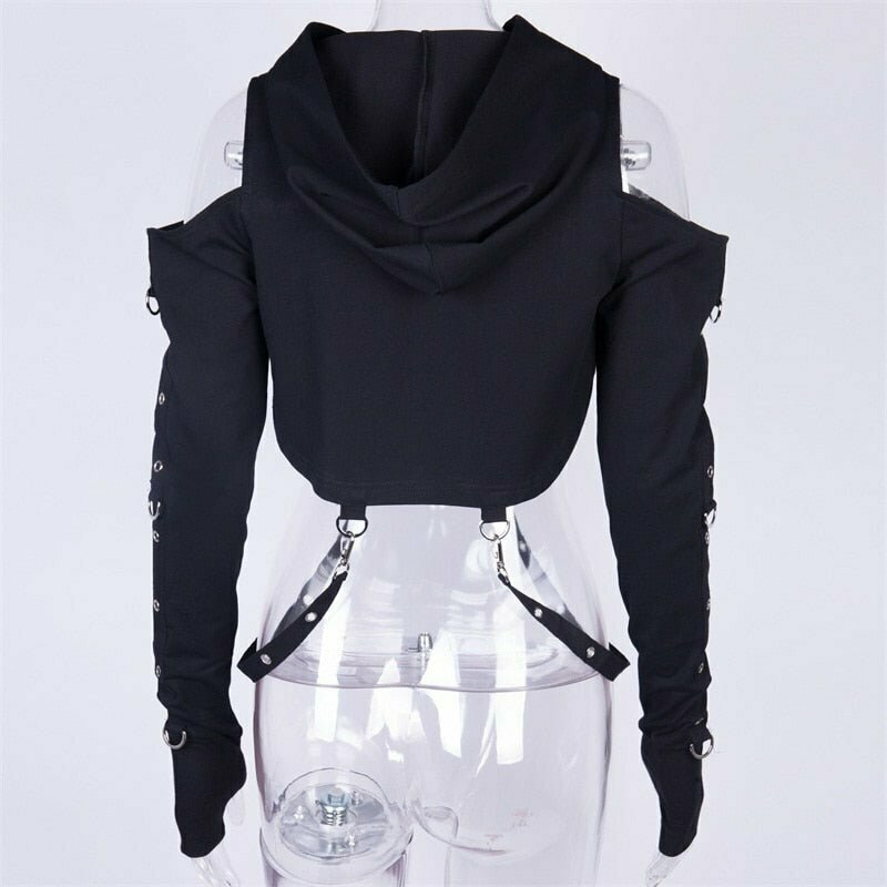 Y2K Grunge Goth Hooded Long Sleeve Crop Top - Retro 90s Fashion, Pastel Goth Style