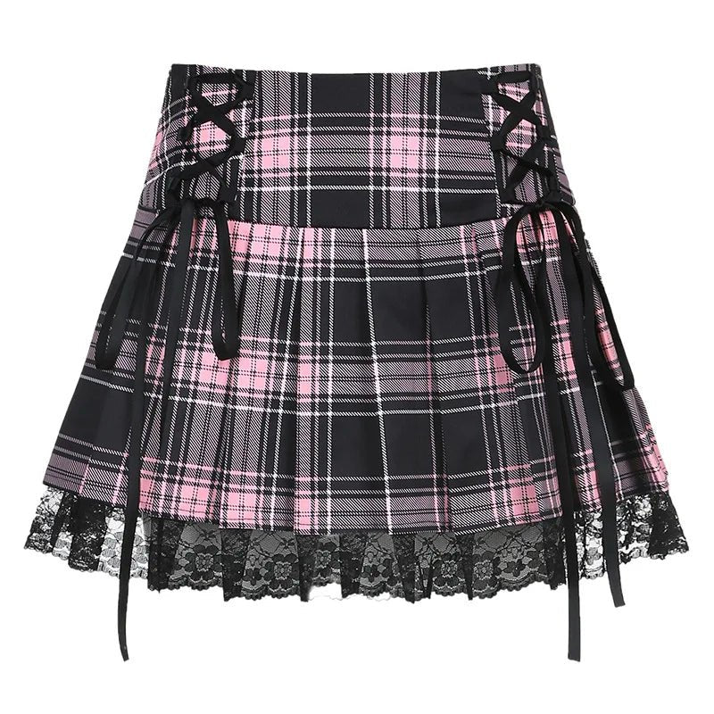 Y2K Grunge Goth Lace Trim Plaid Skirt - Retro 90s Fashion, Summer Party Outfit