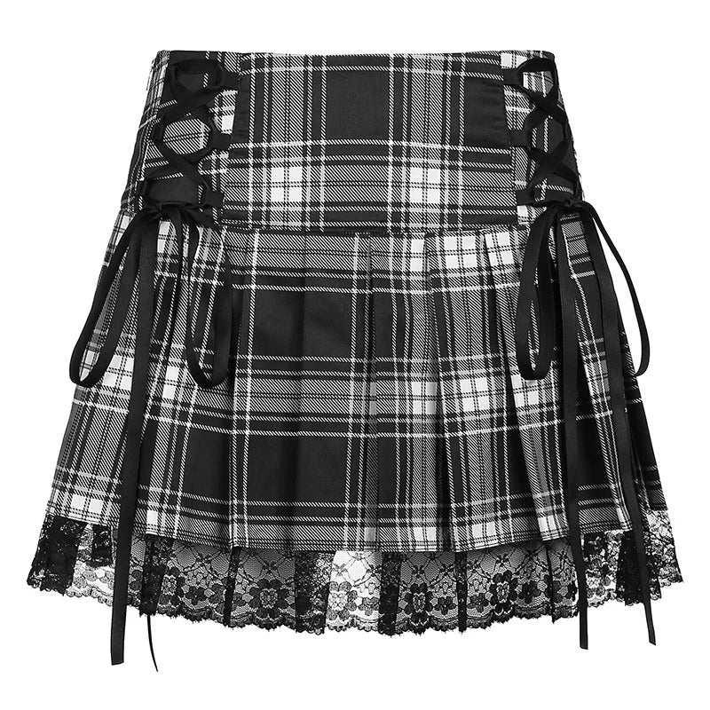 Y2K Grunge Goth Lace Trim Plaid Skirt - Retro 90s Fashion, Summer Party Outfit