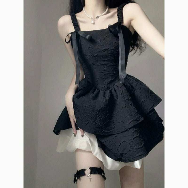 Y2K Grunge Goth Slip Fluffy Black Dress - Retro 90s Fashion, Summer Party Outfit