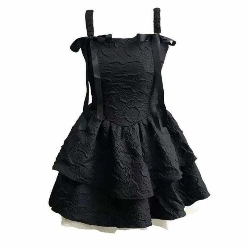 Y2K Grunge Goth Slip Fluffy Black Dress - Retro 90s Fashion, Summer Party Outfit