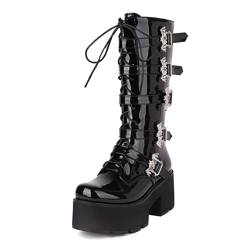 Y2K Grunge Gothic Alt Boots with Bat Buckle - Perfect for 90s and Y2K Fashion Outfits