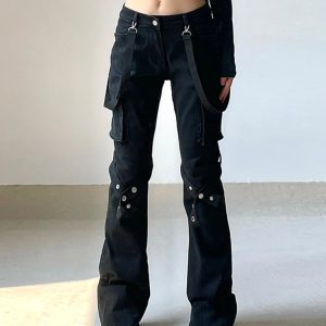 Y2K Grunge Gothic Buckle Leg Pants - Retro 90s Fashion, Summer Y2K Outfits, Dark