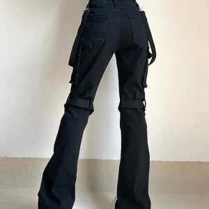 Y2K Grunge Gothic Buckle Leg Pants - Retro 90s Fashion, Summer Y2K Outfits, Dark