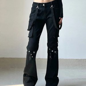 Y2K Grunge Gothic Buckle Leg Pants - Retro 90s Fashion, Summer Y2K Outfits, Dark