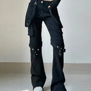 Y2K Grunge Gothic Buckle Leg Pants - Retro 90s Fashion, Summer Y2K Outfits, Dark