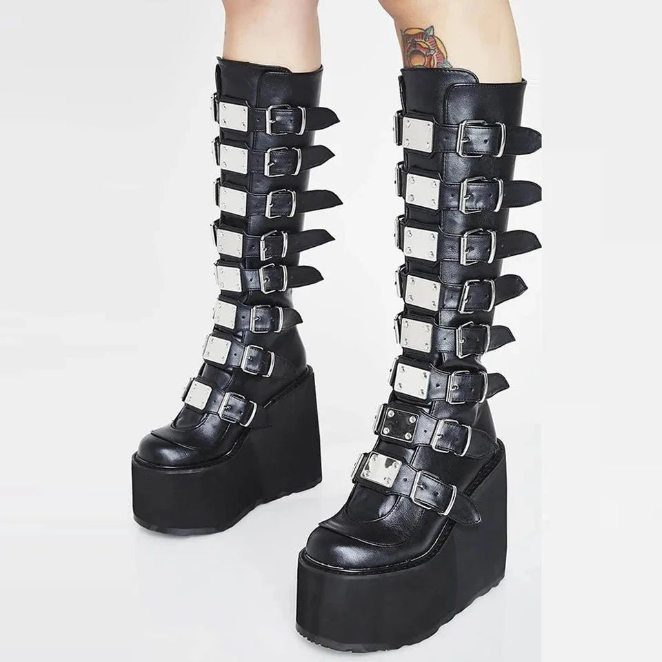 Y2K Grunge Gothic Metal Knee Boots - Retro 90s Fashion, Y2K Party & Club Outfits