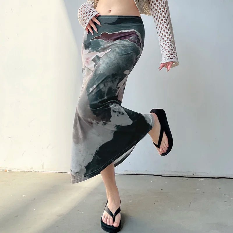 Y2K Grunge Graphic Printed Long Skirt - Retro 90s Fashion, Summer Y2K Outfits