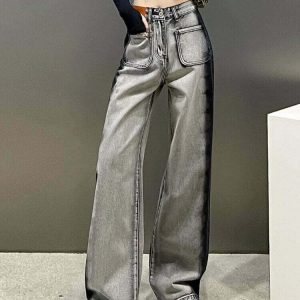 Y2K Grunge Gray-Black Stripe Street Jeans - Retro 90s Fashion, Summer Y2K Outfits