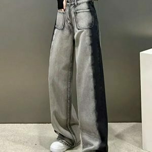 Y2K Grunge Gray-Black Stripe Street Jeans - Retro 90s Fashion, Summer Y2K Outfits