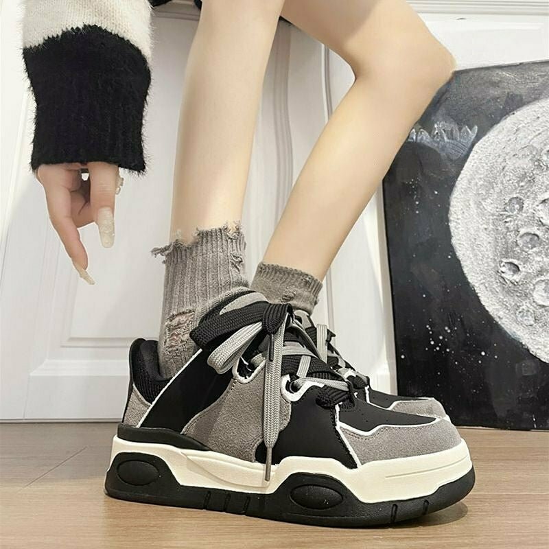 Y2K Grunge Gray Platform Sneakers - Retro 90s Fashion, Summer Y2K Outfits, Hip Hop Style