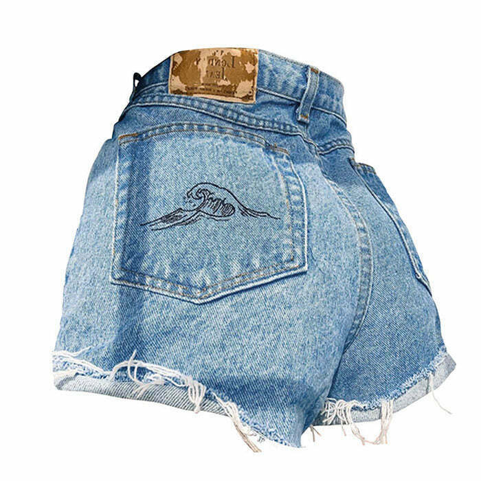 Y2K Grunge Great Wave off Kanagawa Shorts - 90s Retro Summer Outfit for Women