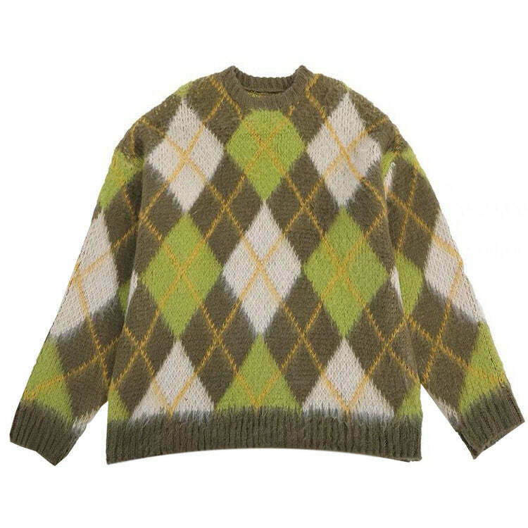 Y2K Grunge Green Argyle Sweater - Retro 90s Fashion, Summer Y2K Outfits, Past