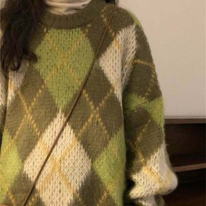 Y2K Grunge Green Argyle Sweater - Retro 90s Fashion, Summer Y2K Outfits, Past