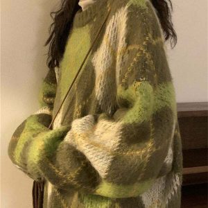 Y2K Grunge Green Argyle Sweater - Retro 90s Fashion, Summer Y2K Outfits, Past