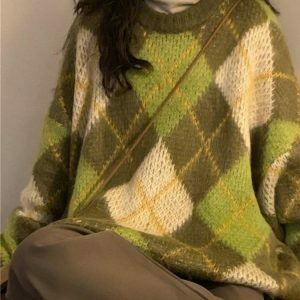 Y2K Grunge Green Argyle Sweater - Retro 90s Fashion, Summer Y2K Outfits, Past