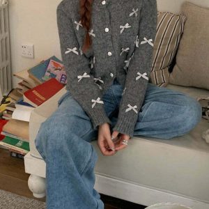 Y2K Grunge Grey Cardigan - 90s Fashion, Y2K Summer Outfits, Retro Style, Baby