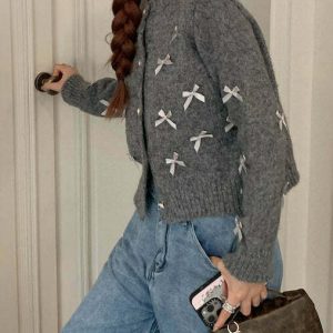 Y2K Grunge Grey Cardigan - 90s Fashion, Y2K Summer Outfits, Retro Style, Baby