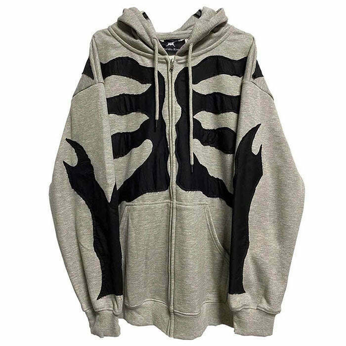 Y2K Grunge Grey Skeleton Hoodie - 90s Retro Fashion, Summer Outfits, and Clubwear