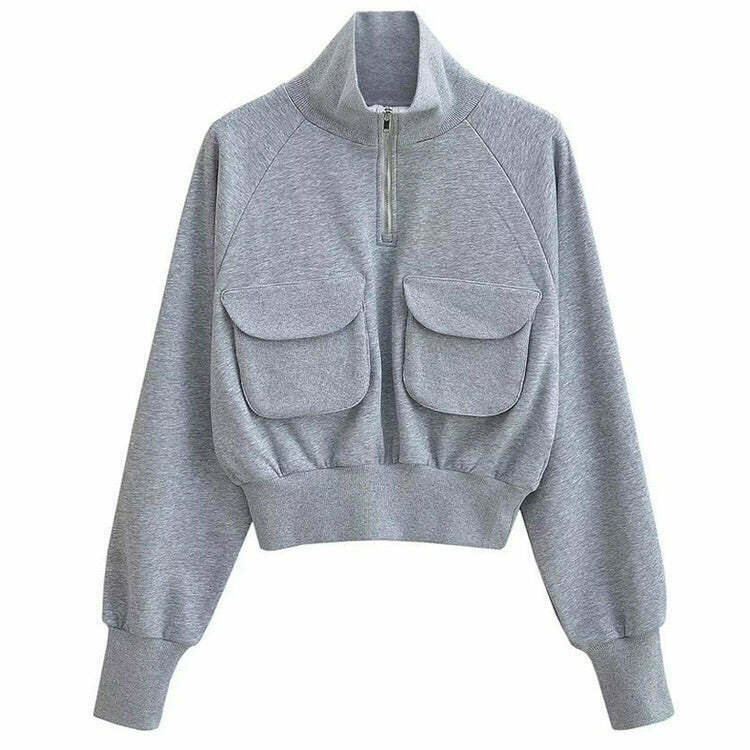 Y2K Grunge Grey Zip-Up Sweatshirt with Front Pockets - 90s Retro Summer Outfit Essentials