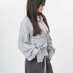 Y2K Grunge Grey Zip-Up Sweatshirt with Front Pockets - 90s Retro Summer Outfit Essentials