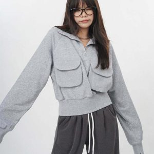 Y2K Grunge Grey Zip-Up Sweatshirt with Front Pockets - 90s Retro Summer Outfit Essentials