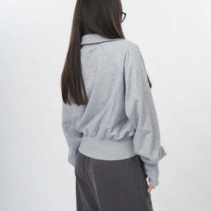 Y2K Grunge Grey Zip-Up Sweatshirt with Front Pockets - 90s Retro Summer Outfit Essentials