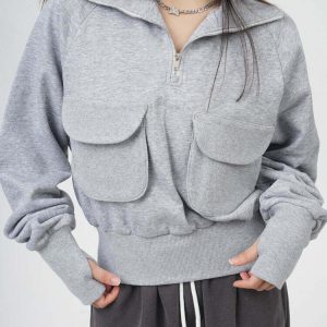 Y2K Grunge Grey Zip-Up Sweatshirt with Front Pockets - 90s Retro Summer Outfit Essentials