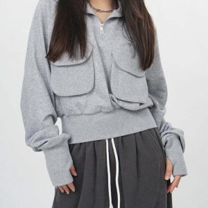 Y2K Grunge Grey Zip-Up Sweatshirt with Front Pockets - 90s Retro Summer Outfit Essentials