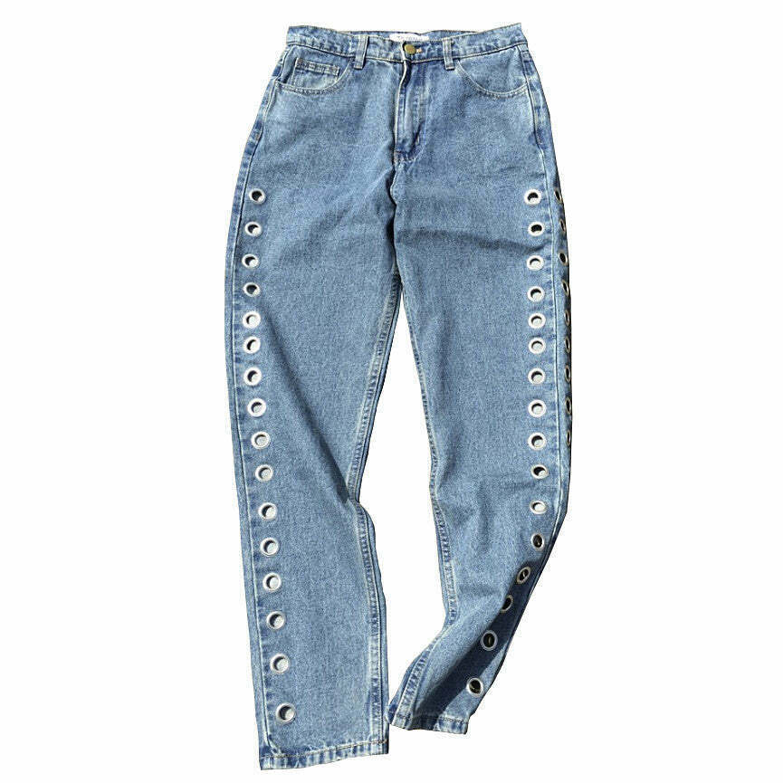 Y2K Grunge Grommet Jeans - Retro 90s Fashion, Summer Outfits, and Hip Hop Style