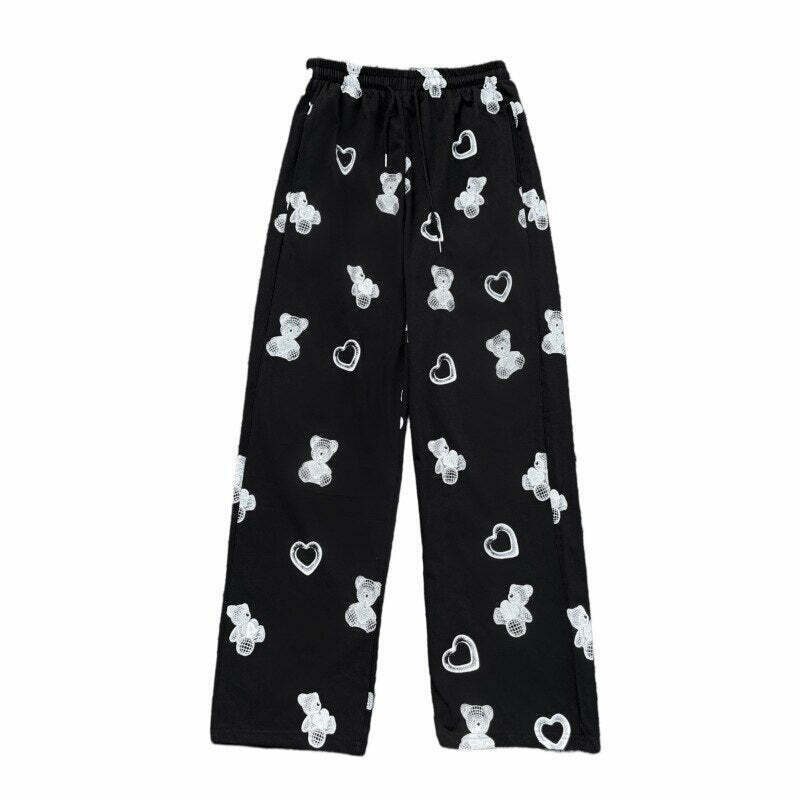 Y2K Grunge Harajuku Bear Heart Pants - Retro 90s Summer Outfit, Pastel Goth Style