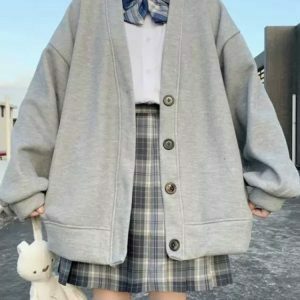 Y2K Grunge Harajuku Kawaii Gray Cardigan - 90s Retro Summer Outfit, Pastel Goth Style