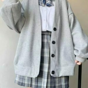 Y2K Grunge Harajuku Kawaii Gray Cardigan - 90s Retro Summer Outfit, Pastel Goth Style