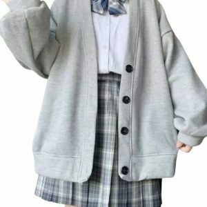 Y2K Grunge Harajuku Kawaii Gray Cardigan - 90s Retro Summer Outfit, Pastel Goth Style