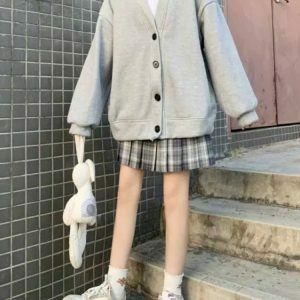 Y2K Grunge Harajuku Kawaii Gray Cardigan - 90s Retro Summer Outfit, Pastel Goth Style