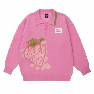 Y2K Grunge Harajuku Strawberry Knit Sweater - Retro 90s Fashion, Pastel Goth Style