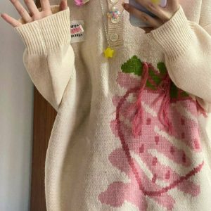 Y2K Grunge Harajuku Strawberry Knit Sweater - Retro 90s Fashion, Pastel Goth Style