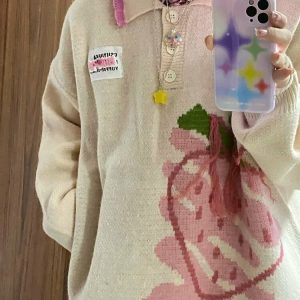 Y2K Grunge Harajuku Strawberry Knit Sweater - Retro 90s Fashion, Pastel Goth Style