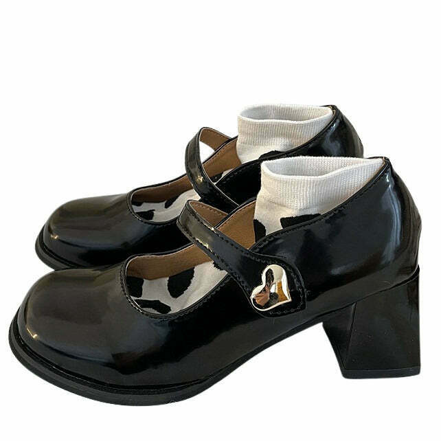 Y2K Grunge Heart Buckle Mary Jane Shoes - Retro 90s Fashion, Gothic Y2K, Pastel