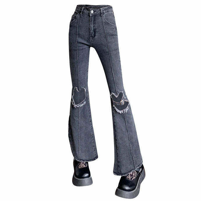 Y2K Grunge Heart Cut Out Flare Jeans - Retro 90s Fashion, Summer Y2K Outfits,