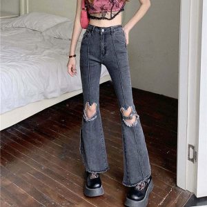 Y2K Grunge Heart Cut Out Flare Jeans - Retro 90s Fashion, Summer Y2K Outfits,