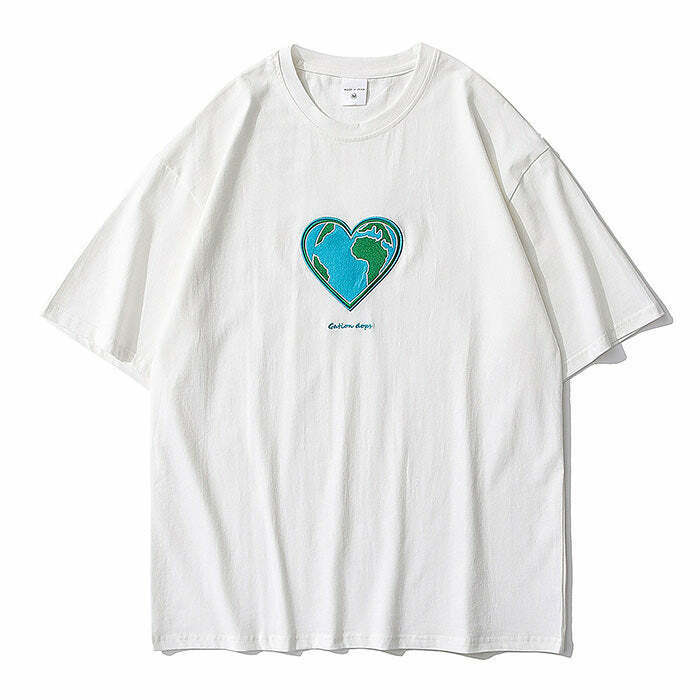 Y2K Grunge Heart Earth Embroidered Tee - Retro 90s Fashion, Summer Y2K Outfits