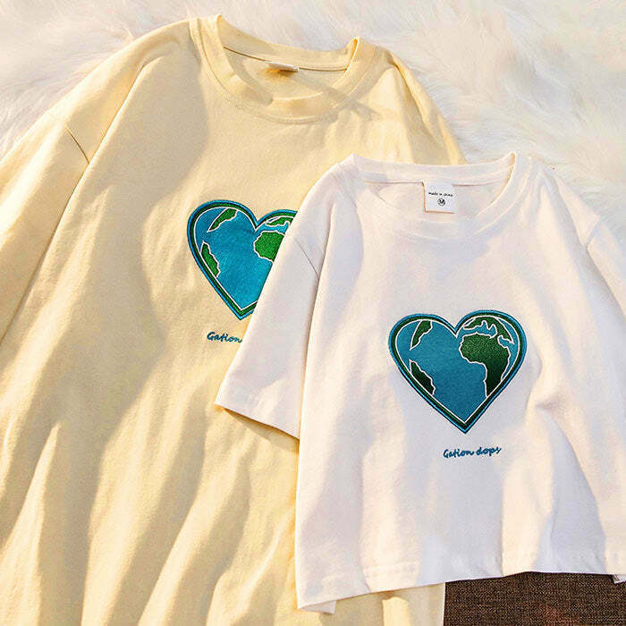 Y2K Grunge Heart Earth Embroidered Tee - Retro 90s Fashion, Summer Y2K Outfits