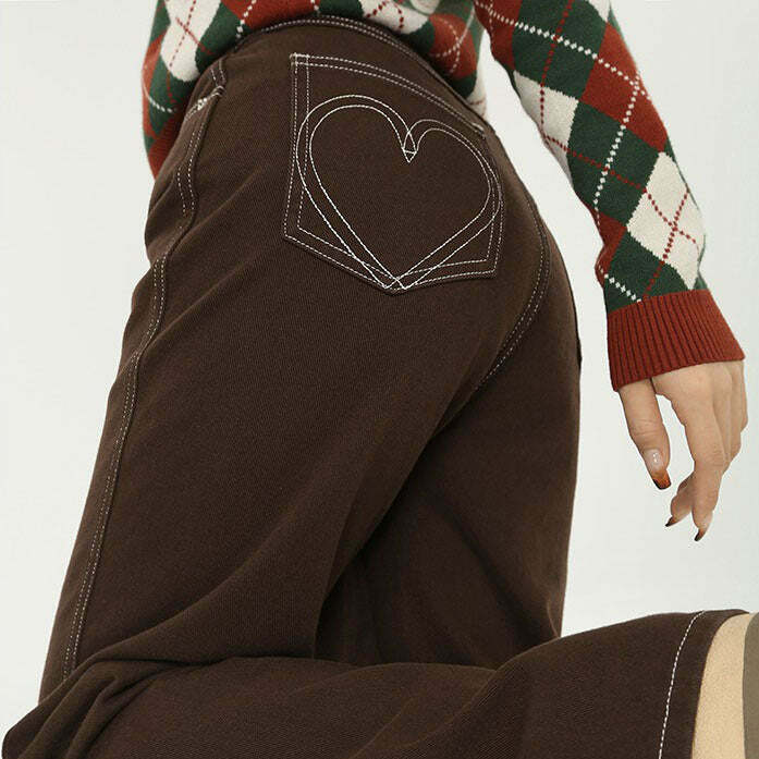 Y2K Grunge Heart Embroidery Brown Wide Jeans - Retro 90s Fashion, Summer Y2K Outfits