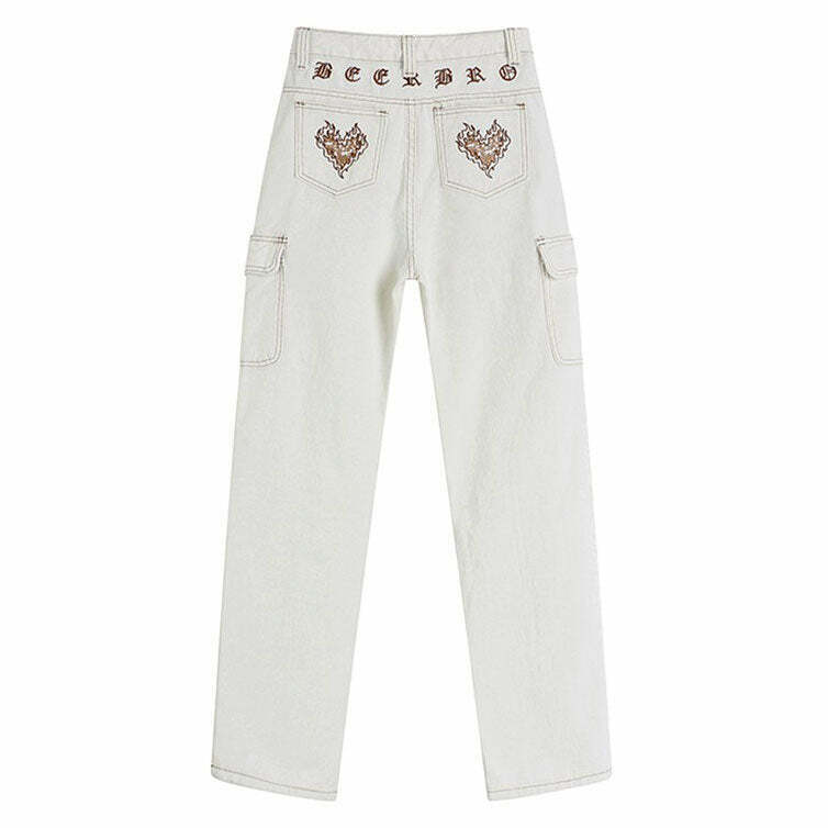 Y2K Grunge Heart Embroidery Cargo Jeans - Retro 90s Fashion, Summer Y2K Outfits