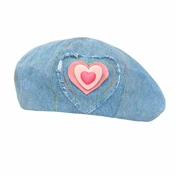 Y2K Grunge Heart Patch Denim Beret Hat - Retro 90s Fashion, Y2K Summer & Party Out